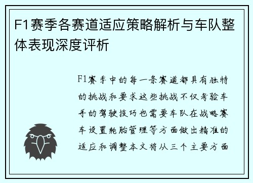 F1赛季各赛道适应策略解析与车队整体表现深度评析 F1赛季各赛道适应策略解析与车队整体表现深度评析